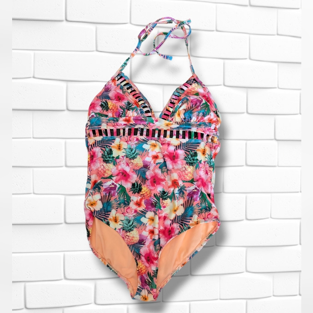 OP One Piece Swimsuit Bathing Suit Tropical Floral Cut Out Detail Vintage Size M
